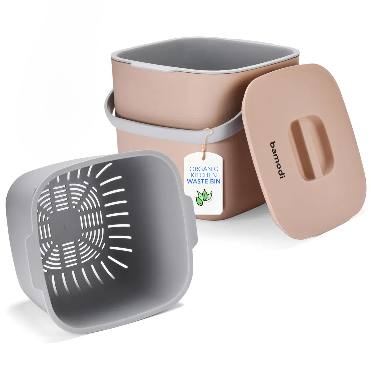 Bamodi Organic Bin 7L Peach mit Deckel und 2 Fächer - Bio-Abfalleimer für die Küche für den täglichen Abfallbehälter in Pfirsichfarbe – Geruchsdicht - Ideal für Kompost und Kleiner Abfalleimer