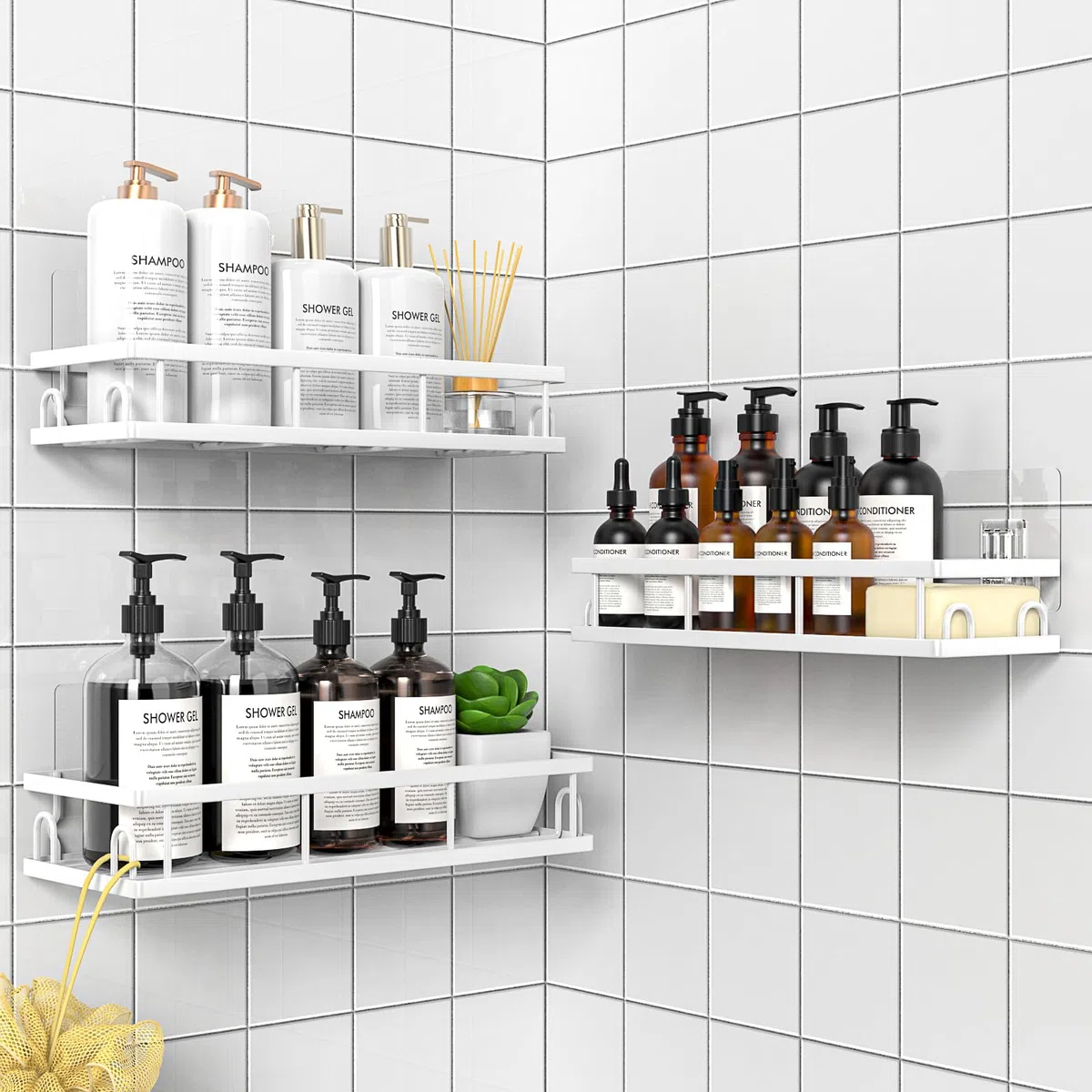Duschablage Ohne Bohren, Wasserdichter Duschregal, Badezimmer Regal Organizer, Shampoo Duschgel Halterung für Dusche (Weiß- 3 Stück)