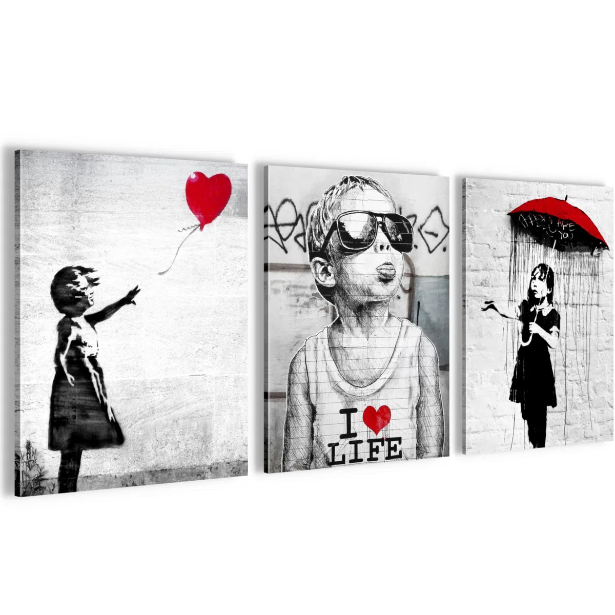 Novart Wandbilder Set Banksy Collage - KOMPLETT AUFHÄNGFERTIG - Wohnzimmer Büro Deko - 3 Moderne Bilder 30x40 cm Street Art - N003135a