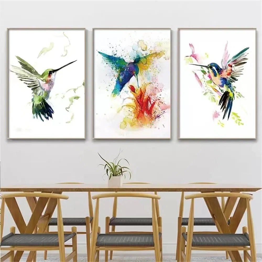 Leinwand Wandkunst,3 Bilder Set-Abstrakte Bunte Vogelnektar Wandkunst auf Leinwand Aquarelldrucke Bilder für Wohnzimmer Küche Büro Schlafzimmer Haus Zimmer Dekoration-50*60cm/20*24 Zoll(ohne Rahmen)