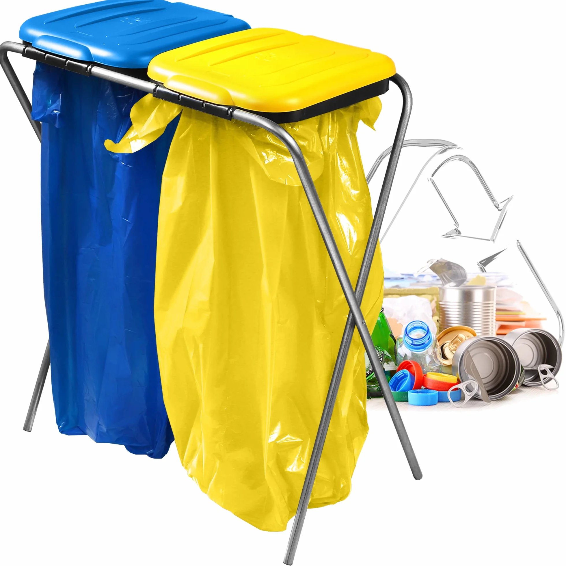 KADAX Zweifacher Müllsackhalter, Müllsackständer in 5 Farbversionen, Ständer für Mülltrennung mit Kunststoffdeckel, Müllbeutelhalter für 120L Beutel (Blau-Gelb)