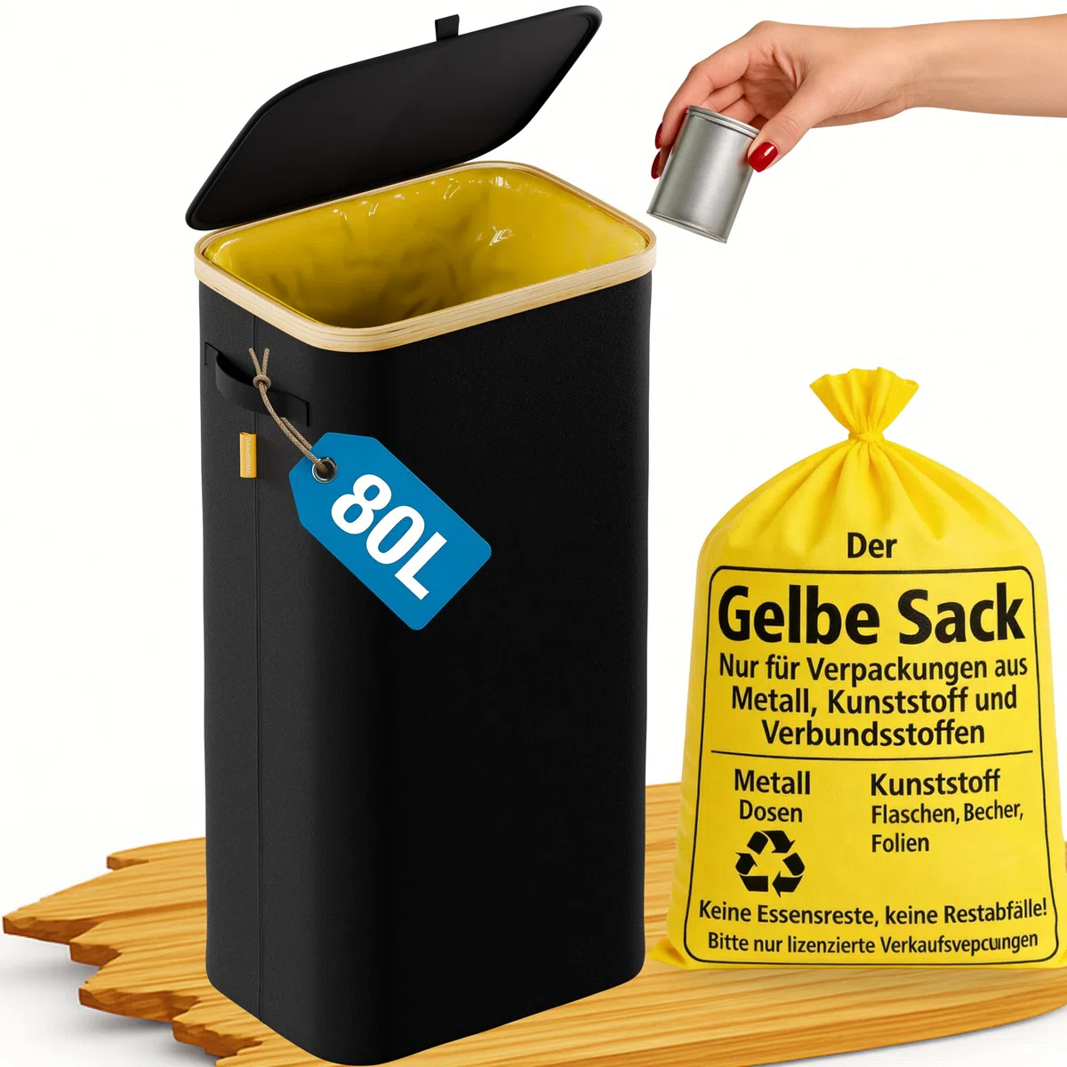 Gelber Sack Ständer 80L – Müllsackständer für Gelbe Säcke 62×90 cm – stabiler Gelber Sack Halter mit fixierendem Metallring – Rückseiten-Reißverschluss – faltbarer Müllsackhalter mit Bambusrahmen