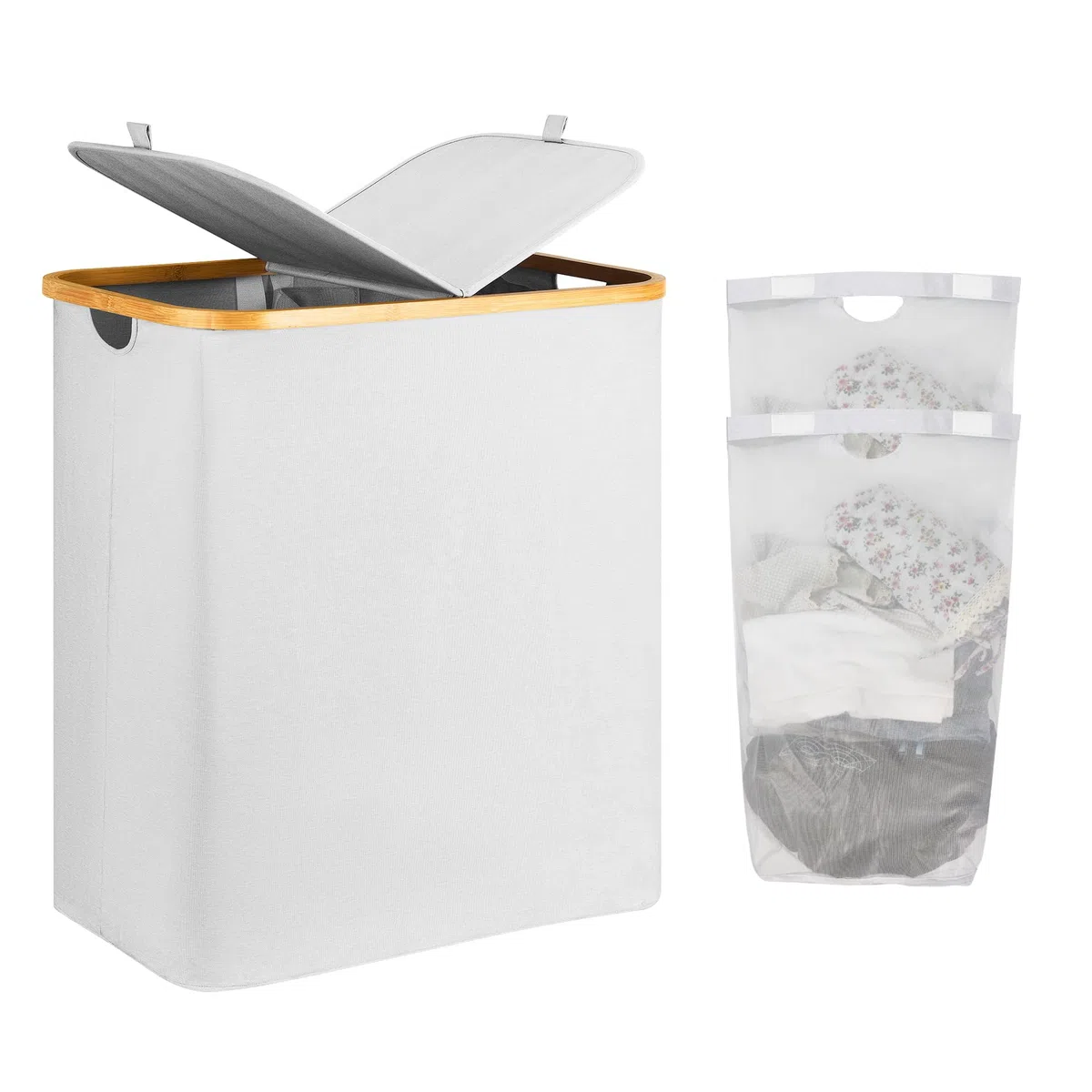 AdelDream 140L Wäschekorb mit Deckel 2 Fächer Wäschekorb Wäschesack schmal Wäschesortierer Wäschebox Wäschetonne Wäschesammler mit Deckel Wäschetruhe Wäschekörbe laundry baskets Hellgrau