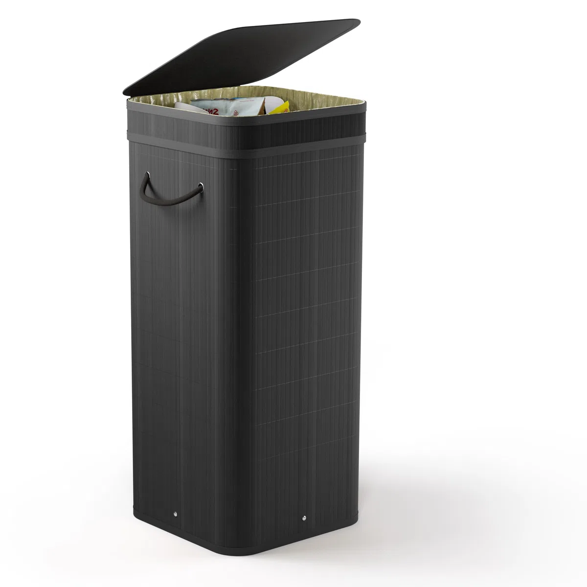 NewHabitat Gelber Sack Ständer aus Bambus I 80L Gelber Sack Behälter mit geruchsdichtem Deckel I Stabiler & Nachhaltiger Mülleimer Holz für Gelbe Säcke I Einfacher Aufbau, Schlichtes Design (Schwarz)
