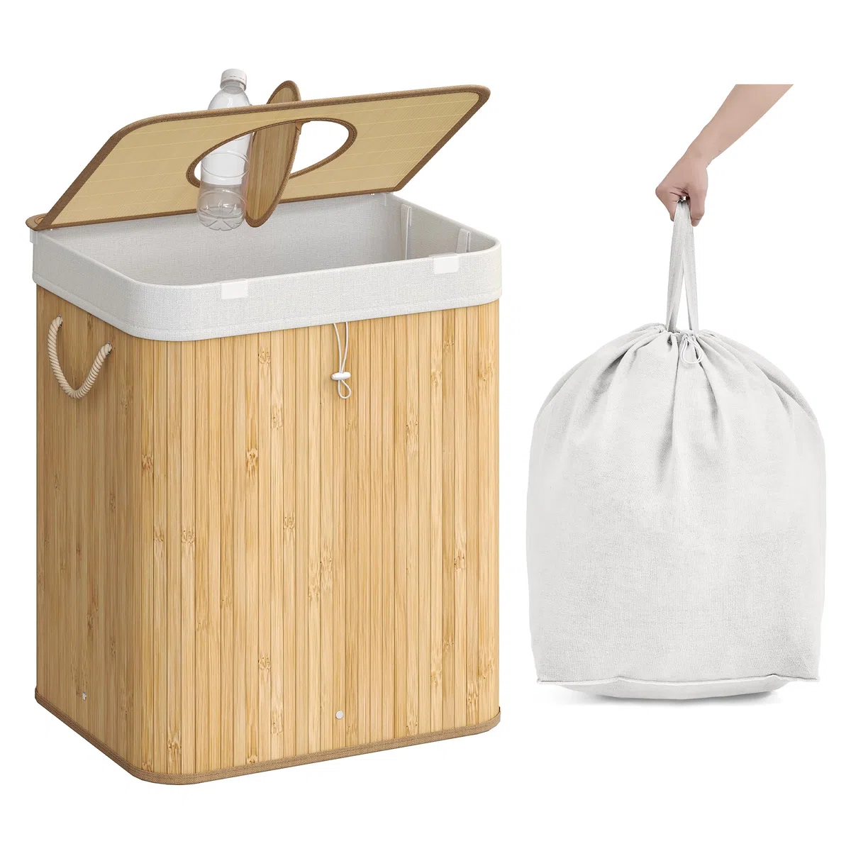 SONGMICS Pfandflaschen-Sammelbehälter, 95 L Pfandflaschen-Behälter, Bambus, Flaschensammler Leergut, Recycling-Behälter, mit Loch, Deckel, Innensack mit Griffen, Küche, naturbeige RRB060Y01