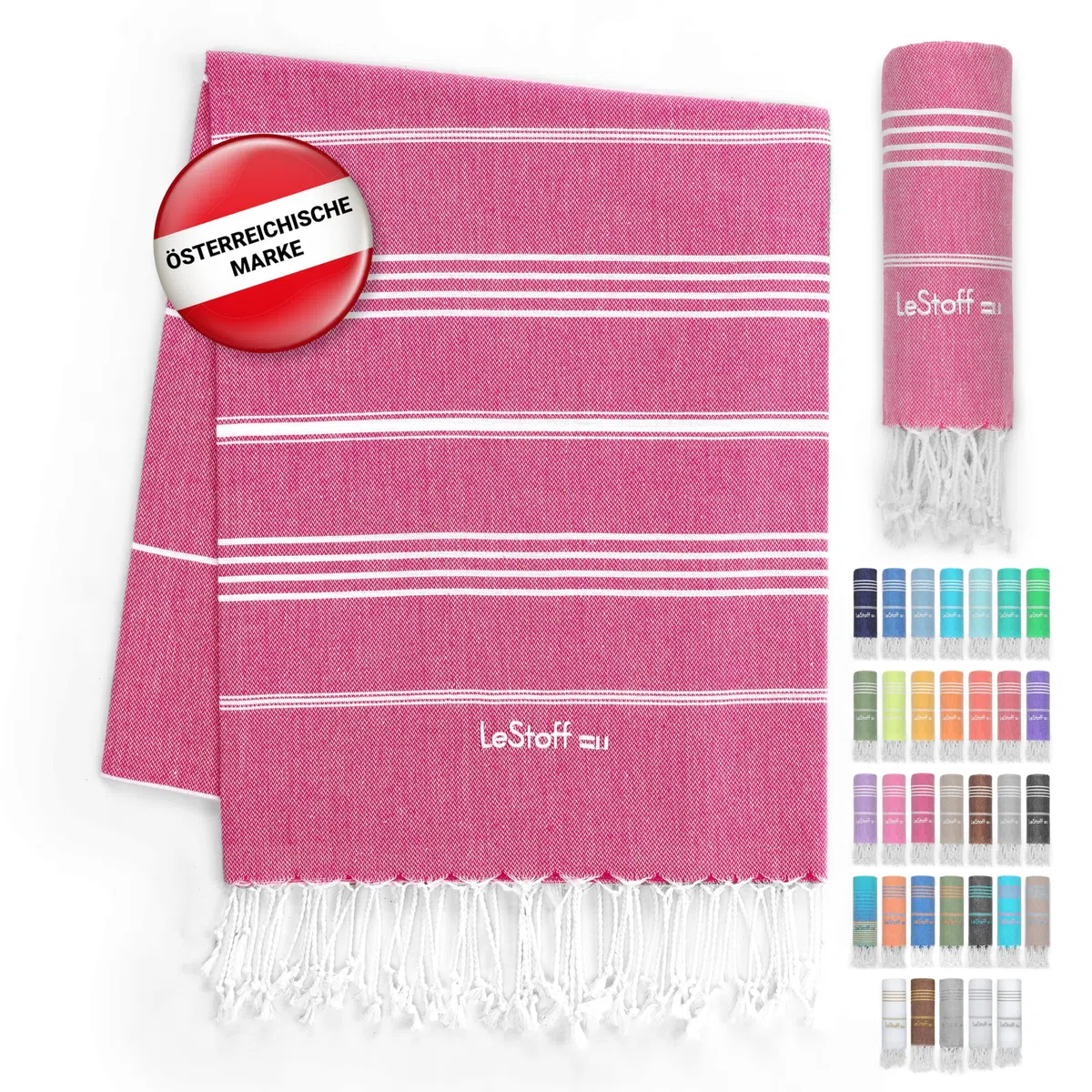 LeStoff Hamamtuch - 100% Bio-Baumwolle, 95 x 180 cm, Vorgewaschen, Saugstark, Schnelltrocknend, Leicht, Kompakt, Campinghandtuch, Reisehandtuch, Badetuch, Duschtuch, Badehandtuch groß, rosa (Fuchsia)
