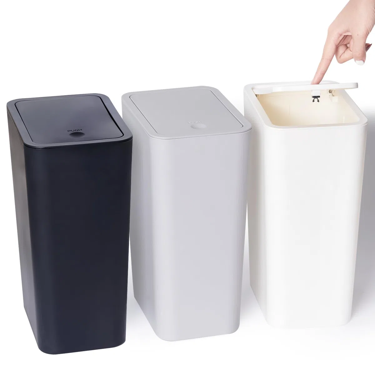 3er Pack 10L Kleiner Mülleimer mit Deckel, Badezimmer Abfalleimer mit Druckdeckel, Kleiner Mülleimer/Abfallkorb für Badezimmer, Küche, Büro, Schlafzimmer (Schwarz, Weiß, Grau)