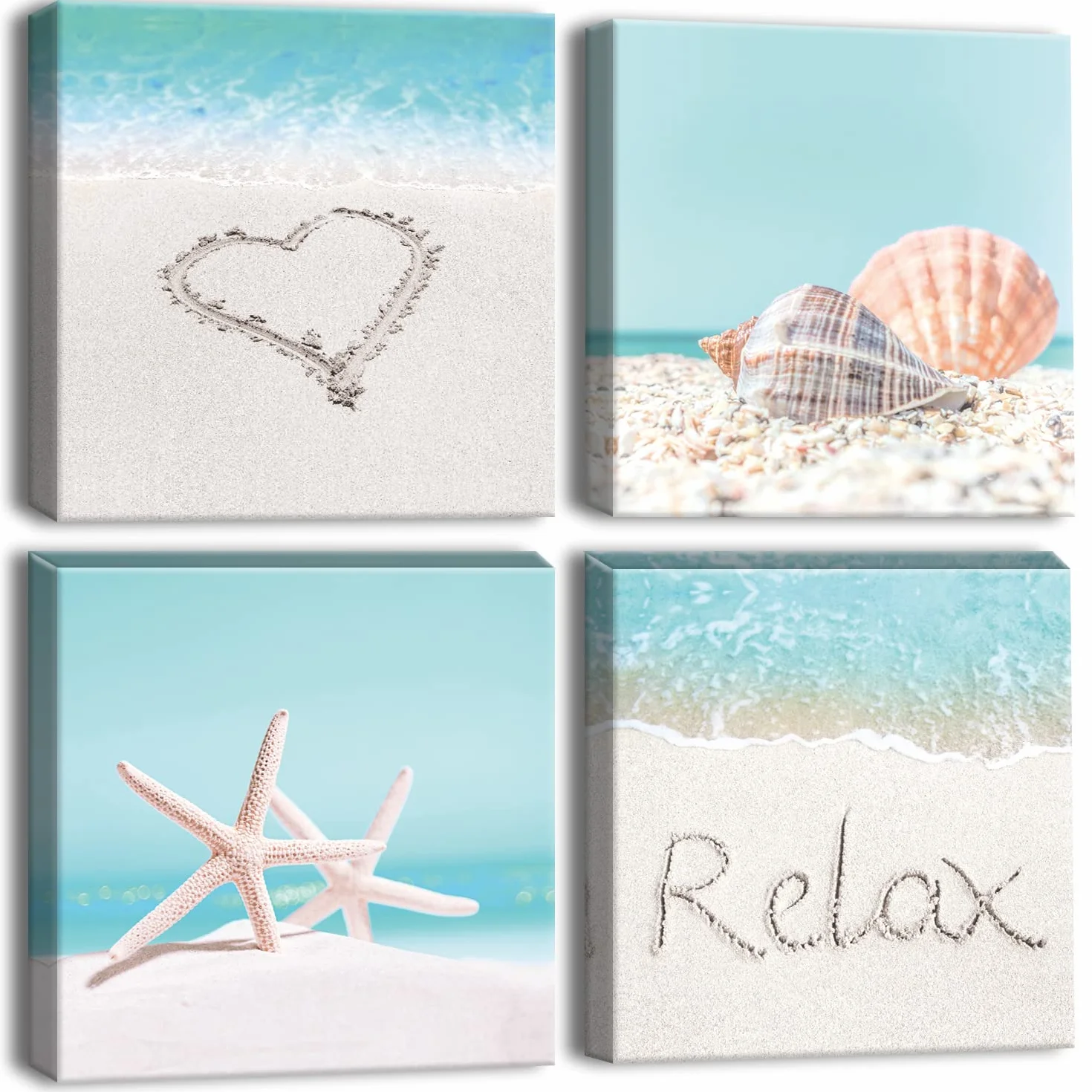 Artscope 4 Teilig Leinwandbilder mit Muschel Seestern und Strand Motiv Kunstdruck - Moderne Wandbild für Küche Badezimmer Wohnzimmer Wanddekoration - 30 x 30 cm