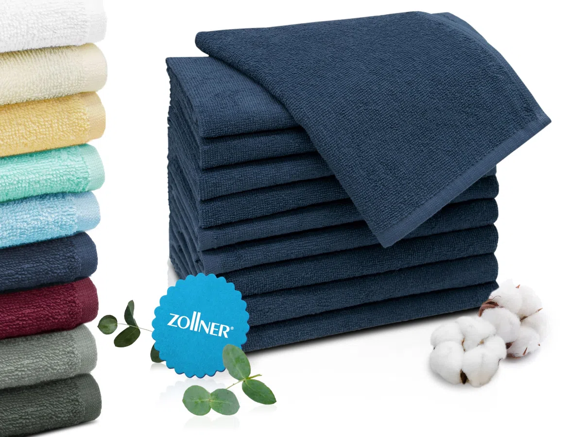 ZOLLNER 10er Set Gästehandtücher in 30x50 cm - saugstarke und weiche Gästetücher in dunkelblau - mit praktischem Aufhänger - waschbar bis 60°C - Baumwolle - Hotelqualität