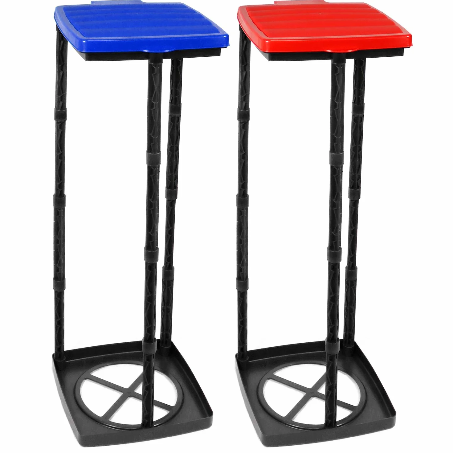 com-four® 2x Müllsackständer mit Deckel - in 3 möglichen Höhen aufbaubar - optimal für Heim, Garten, Werkstatt und Camping - Gelber-Sack-Halter - Abfallsortierer - Müllbeutelhalter (2x - blau/rot)