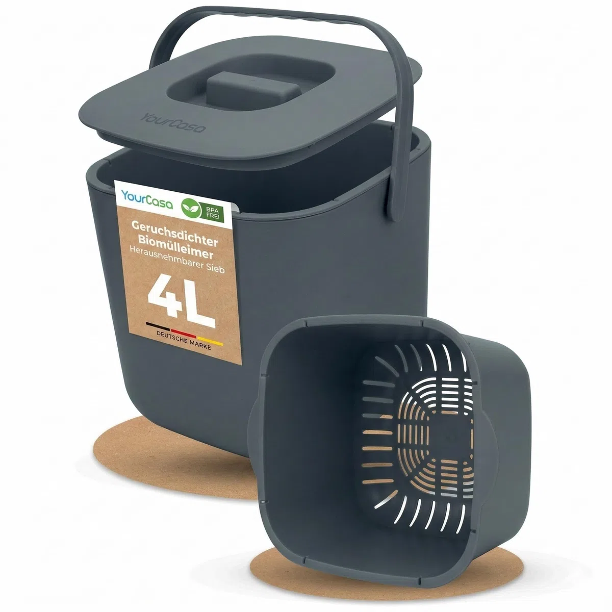 YourCasa Biomülleimer Küche 4L - Komposteimer mit herausnehmbarem Sieb & Deckel - geruchsdicht, spülmaschinenfest & ohne Biomülltüten - Bio Mülleimer klein für saubere Küchen (Anthrazit)