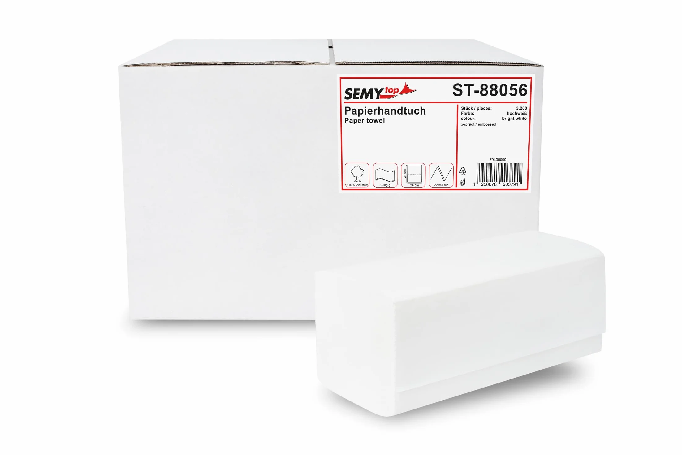 SemyTop Papierhandtuch, ZZ-Falz, 24 x 21 cm, 2-lagig, 3200 Blatt, ST-88056, Weiß