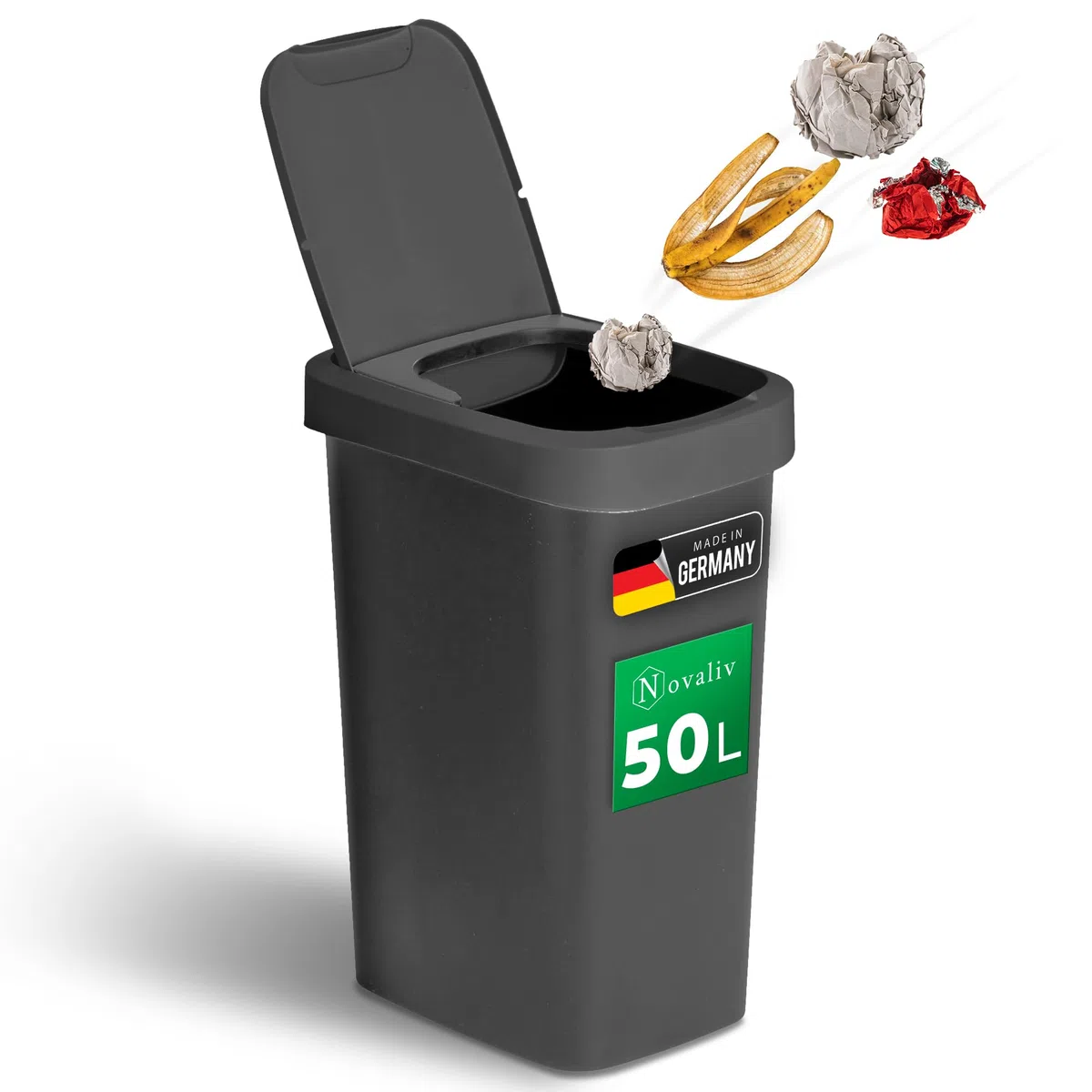 Novaliv Mülleimer 50L mit 2in1 Deckel, Klappdeckel & Schwingdeckel, Stilvoller Anti-Geruch Abfalleimer für Küche Haushalt Büro, Müll Eimer Bin Abfall Trash Kunststoff Abfallbehälter Mülltonne