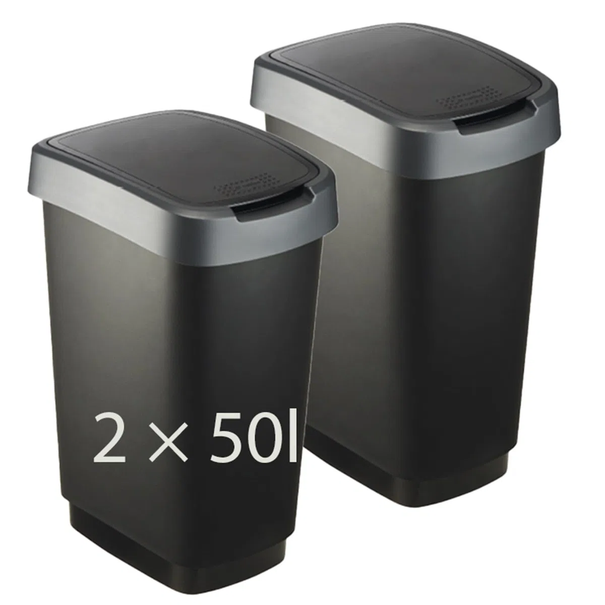 Rotho Twist 2er-Set Mülleimer mit Deckel 50l | Abfalleimer Küche und Recycling Center | mit Schwingdeckel und Klappdeckel | schmal & platzsparend | leicht zu reinigen | schwarz/anthrazit