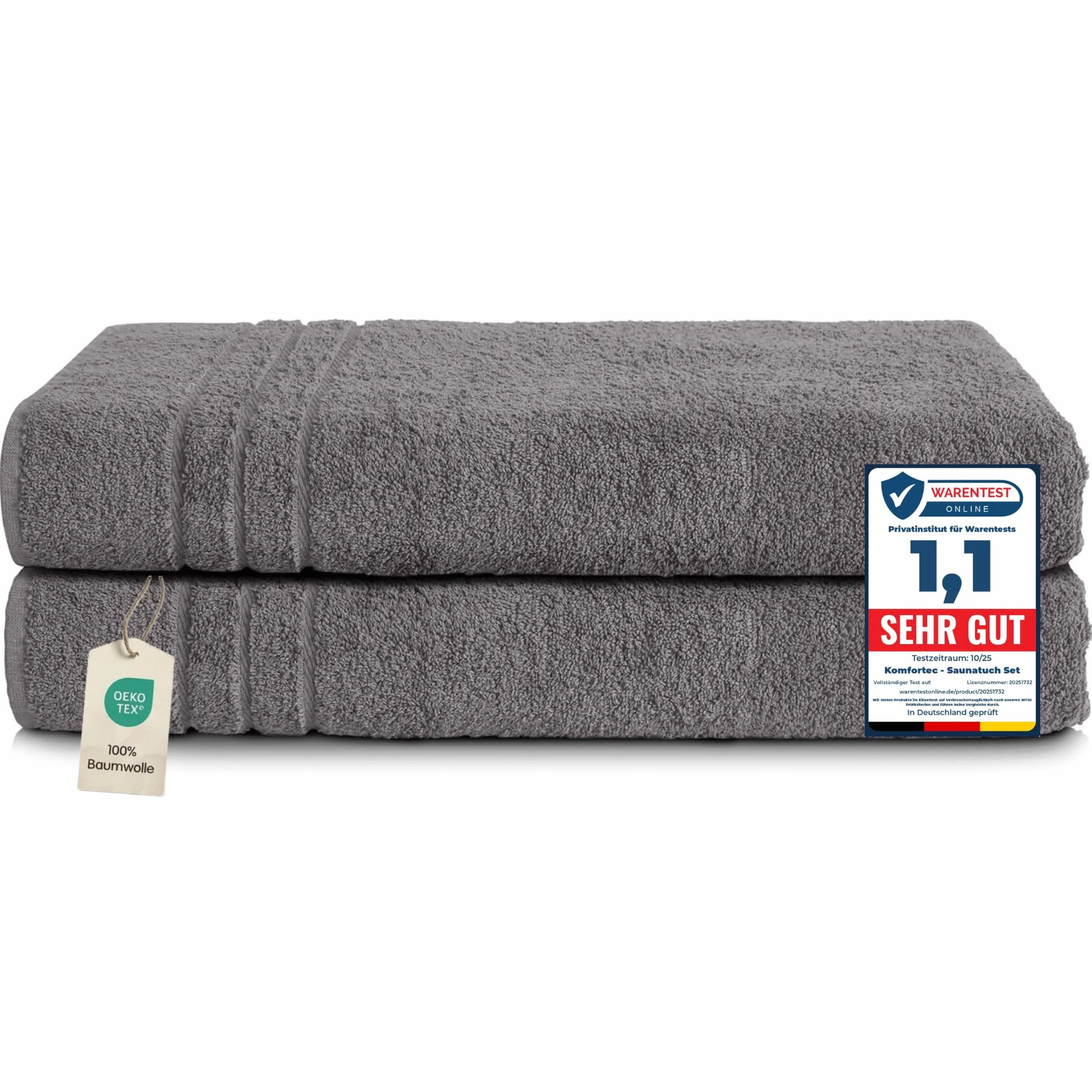 Komfortec 2er Saunahandtuch Set 80x200 cm, Große Saunatücher aus 100% Baumwolle, Sauna Handtücher, Flauschig und Saugstark, Schnelltrocknend, Anthrazit Grau