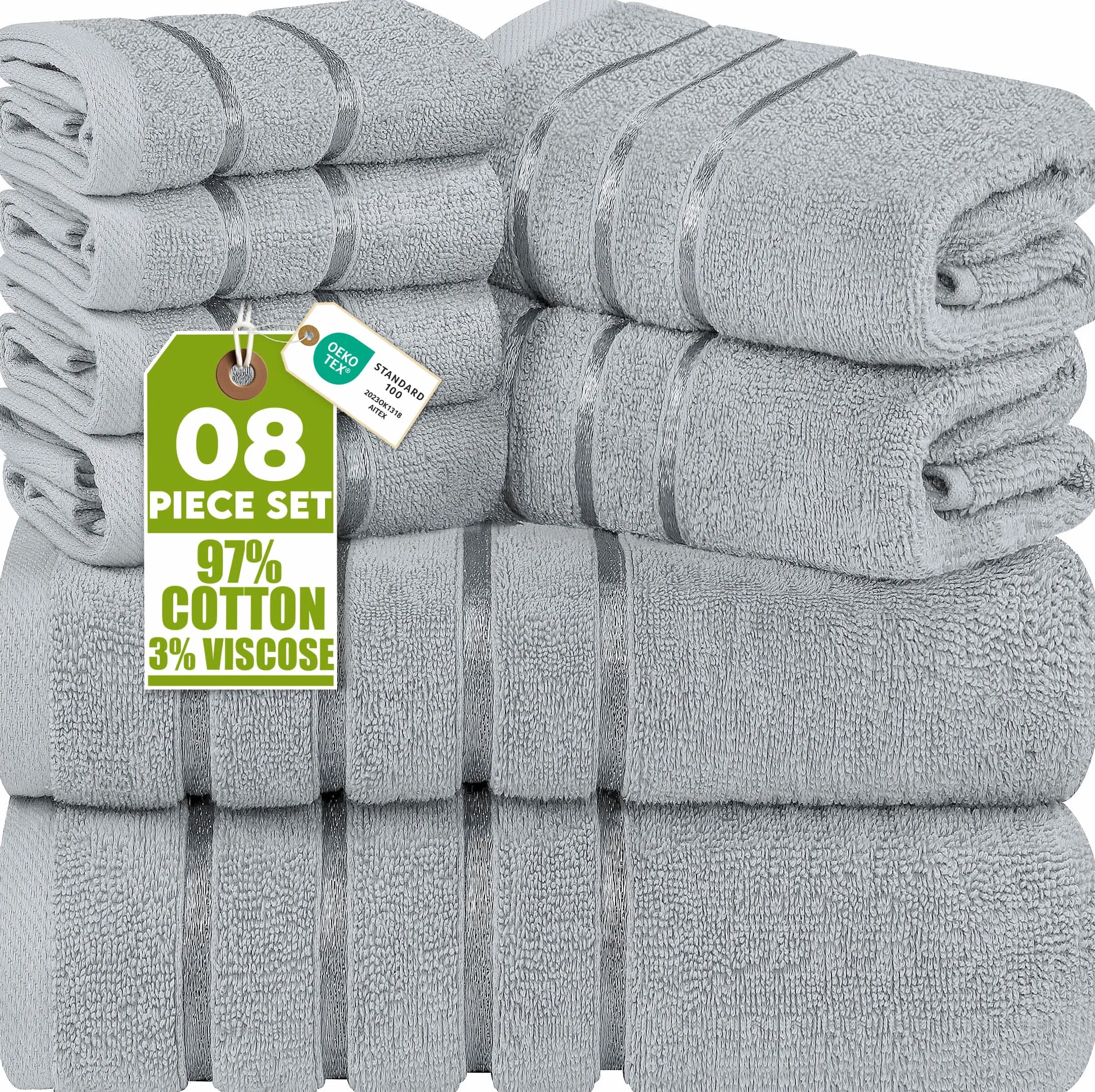 Utopia Towels - 8er-Pack Handtuch-Set mit Aufhängeschlaufe aus 97% Baumwolle, saugfähig und schnell trocknend 2 Badetücher, 2 Handtücher, 4 Waschlappen (Kühl Grau)