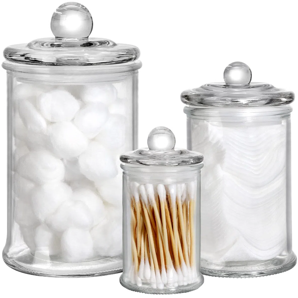 Set mit 3 Glas-Apothekergläsern mit Deckel, Vanity Storage Organizer Clear Apothekergläser Qtip Halter Kanister Set für Wattestäbchen, Make-up Schwämme, Einmachglas Badezimmerzubehör Set