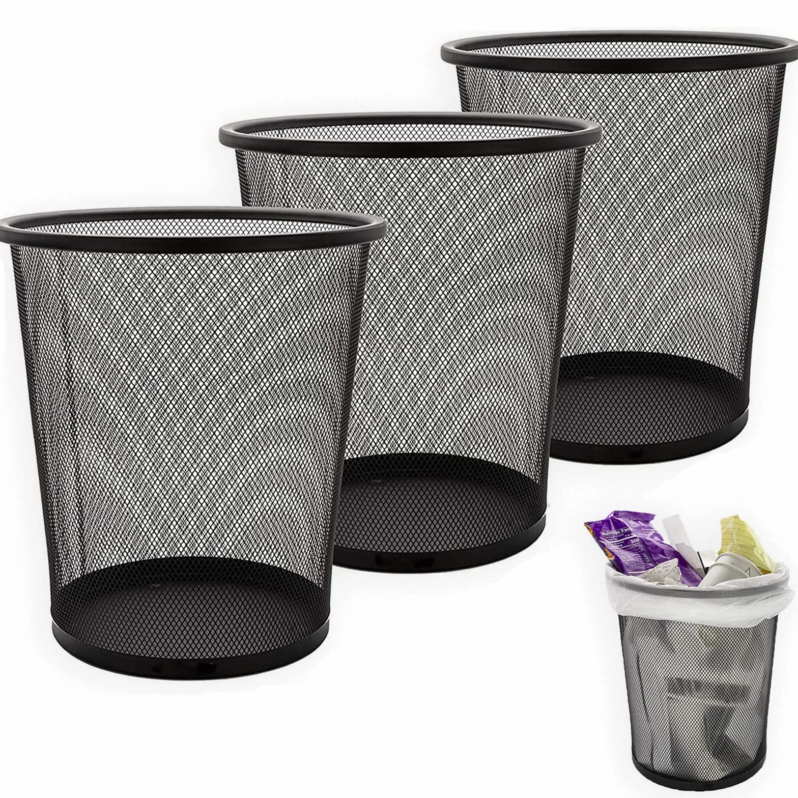 SENENQU 3 Stück Papierkorb Metall, 12L Büro Mülleimer Schwarz Metall Gitter, kleine Papierkorb Mülleimer Abfalleimer Büro Schreibtisch Schlafzimmer Badezimmer - 26.5 x 23.5 x 18.8 CM