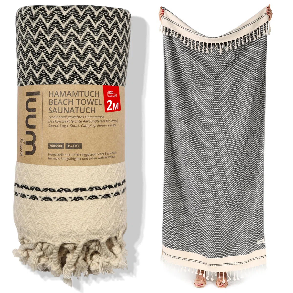 Luum® Strandtuch groß 90x200 Saunahandtuch Hamamtuch Badetuch Handtuch Yogatuch Duschtuch Strandhandtuch Saunatuch Reisehandtuch Turkish Towels, Damen Herren, 100% Baumwolle, Anthrazit