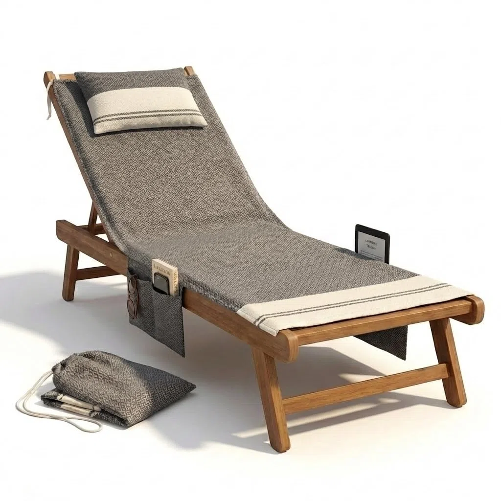 Strandliegentuch mit Kissen, Befestigungsschlaufen und praktischen Seitentaschen – Hamamtuch mit Beutel – Leichtes Strandtuch, Badetuch, Picknickdecke – 70 x 185cm – Schwarz
