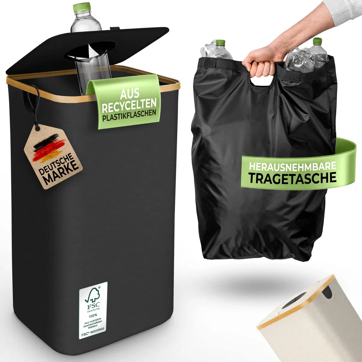 Glückstoff® Pfandflaschen Sammelbehälter [INKL. TRAGETASCHE] - Flaschensammler Leergut - PET Flaschen Pfandbehälter - Flaschensammler - Pfandflaschen Aufbewahrung - Pfandbehälter Einwurf - 100 Liter