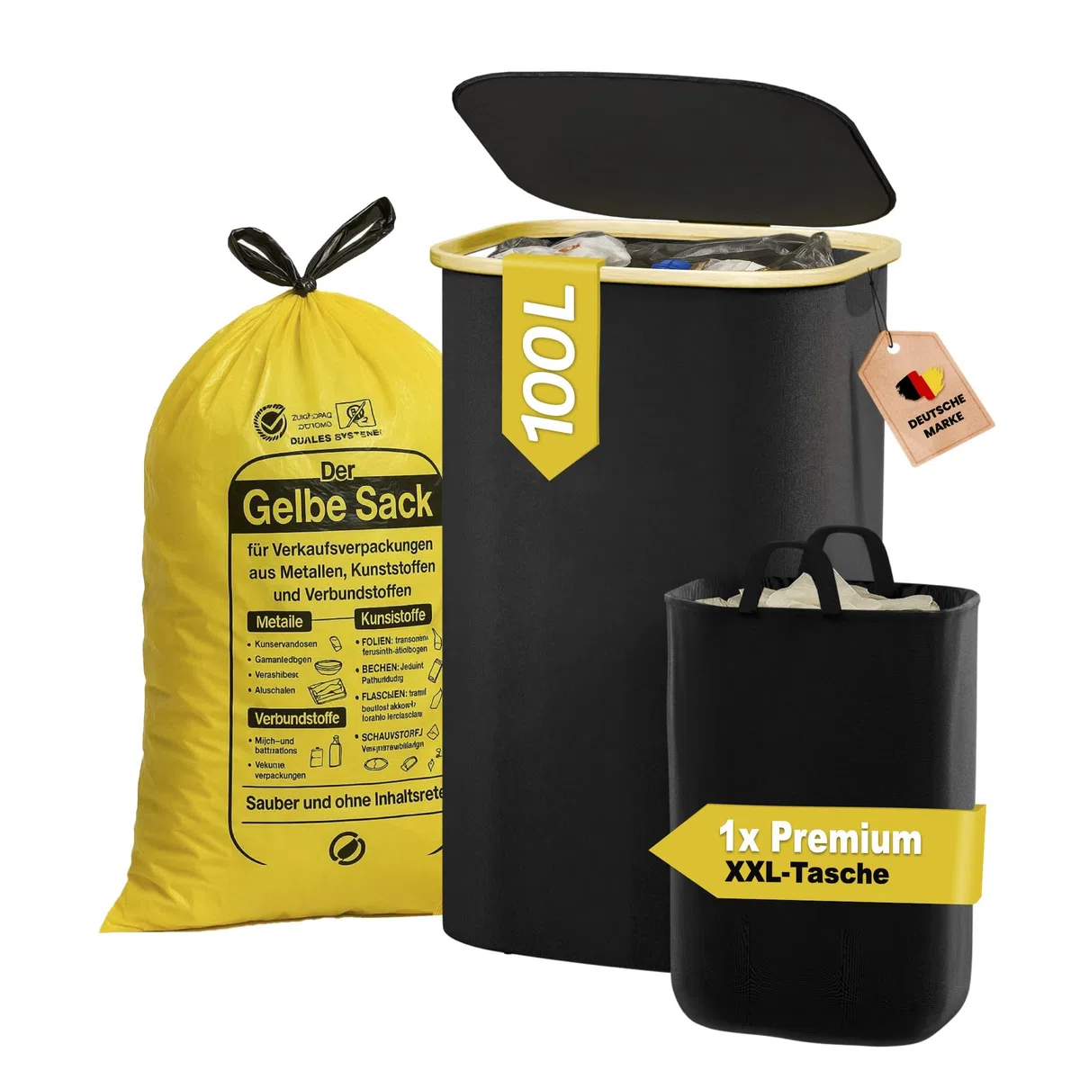 Gelber Sack Ständer 100L mit Deckel & Waschbarem XXL-Innenbeutel – Premium Müllsackhalter für Küche & Haushalt – Stabiler Gelber Sack Mülleimer zur Abfalltrennung (Schwarz)