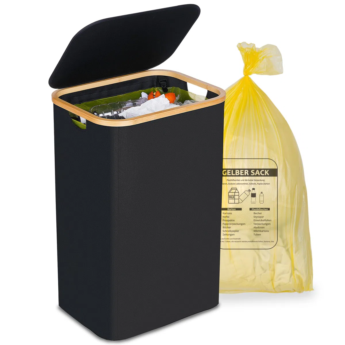 efluky Gelber Sack Ständer 100L, Mülleimer mit Deckel, Müllsackständer für Gelbe Säcke, Leichte Entnahme durch Tür auf der Rückseite, Behälter für Küche & Haushal [Ohne Innentasche]- Schwarz