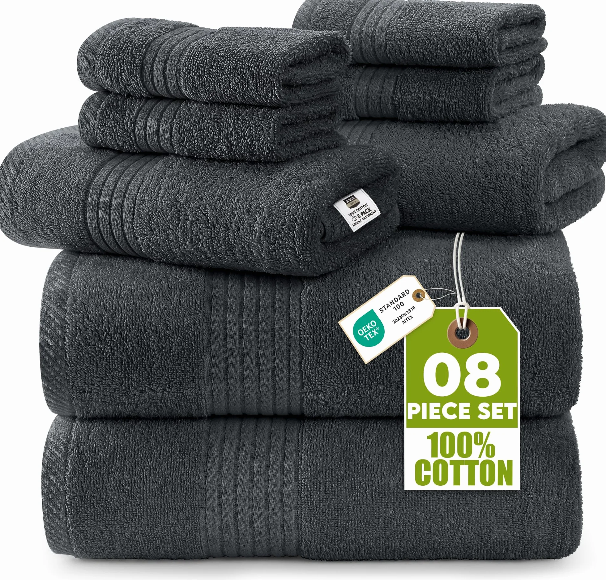 Utopia Towels 8-teiliges Handtücher aus 100% Baumwolle, weich und saugfähig für den täglichen Gebrauch, 2 Badetücher 69 x 137 cm, 2 Handtüchern 41 x 71 cm, 4 Waschlappen 30 x 30 cm (Grau)