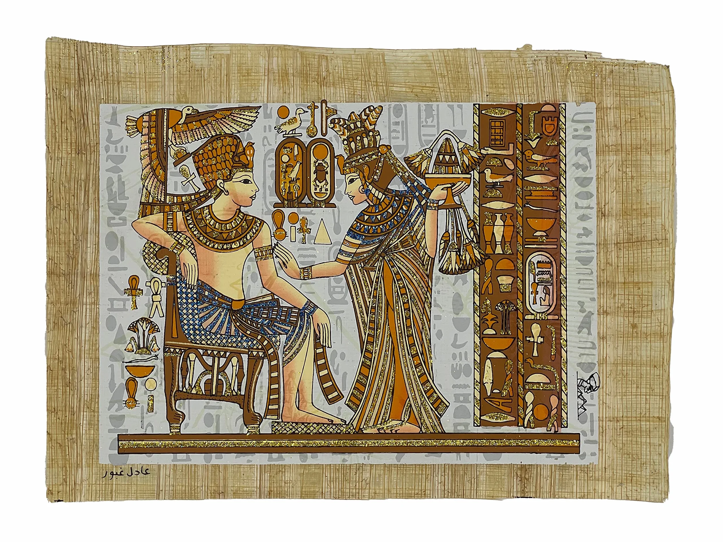 Ägyptisches handgefertigtes Papyrus - Größe: ca. 20 x 30 cm - Natürliche Vintage-Kanten - Nachleuchtender Hintergrund -Künstlerischer Stil: Altes Ägypten -Am besten geeignet für: Dekoration MotivNr077