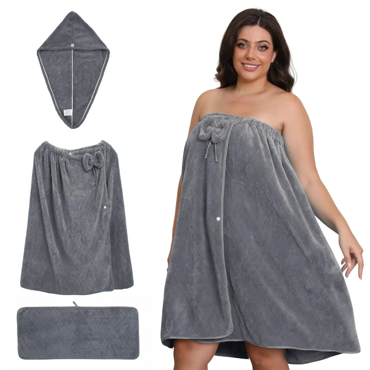 Badetuch-Wickeltuch in Übergröße für Damen (XXL-XXXXL), übergroßes Dusch-Wickelkleid, Spa-Bademantel, bequemer, Verstellbarer Körperwickel + Haartrockentuch + Handtuch (Grey, 160cmX80cm)