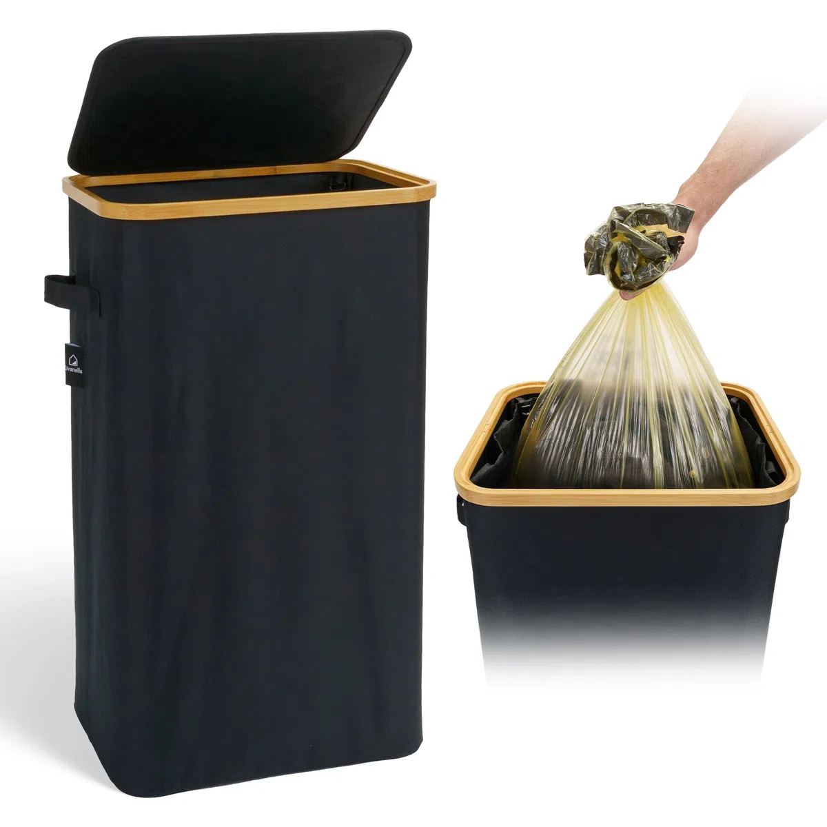 Müllsackständer 90L, gelber Sack Ständer, Mülleimer mit Deckel, Mülleimer für den gelben Sack, Müllsackhalter, Bambusrahmen und Griffe, Plastikmüll, Pfandflaschen Behälter, Mülltütenhalter