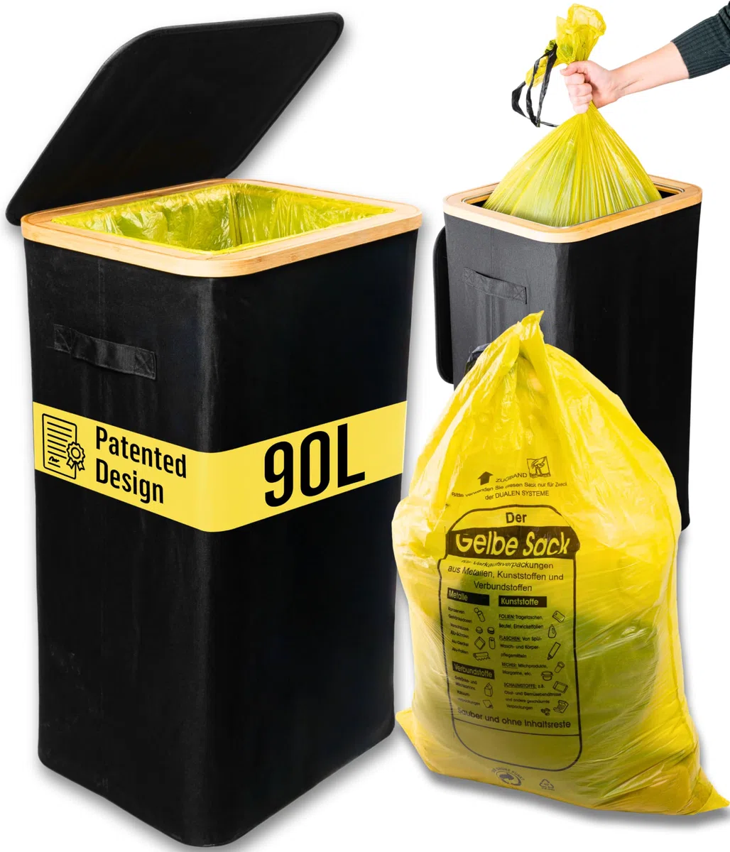 Deco haus® Gelber Sack Ständer 90L [Extra Tragetasche] - Gelber Sack Mülleimer - Stabiler Müllsackständer Extra für gelbe Säcke - Mülleimer mit Deckel - Müllsystem für Küche & Haushalt - Schwarz