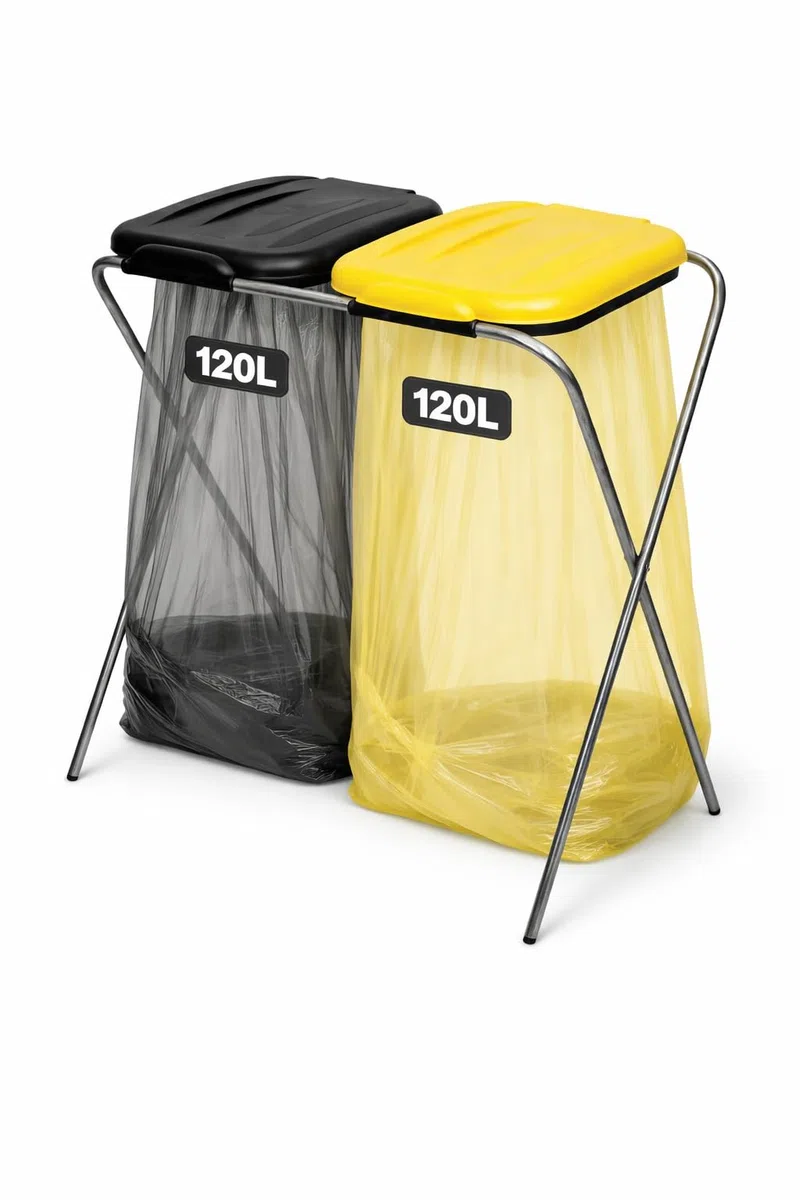 Müllsackständer 120 l, Müllsackhalter, Ständer für Müllsäcke, Abfalltrenner Müllbeutelhalter rostfrei innen außen, Klappe mit Beutelhalter, recycelter Kunststoff (Schwarz+Gelb)