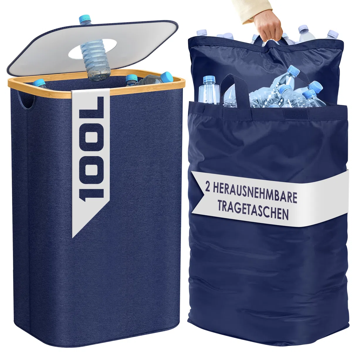 BAM BOO BOX Pfandflaschen Sammelbehälter 100L Blau – Pfandflaschen Behälter mit Einwurf – Flaschensammler Leergut mit 2 Tragetaschen – Pfandsammler Pfandbox Pfandkorb