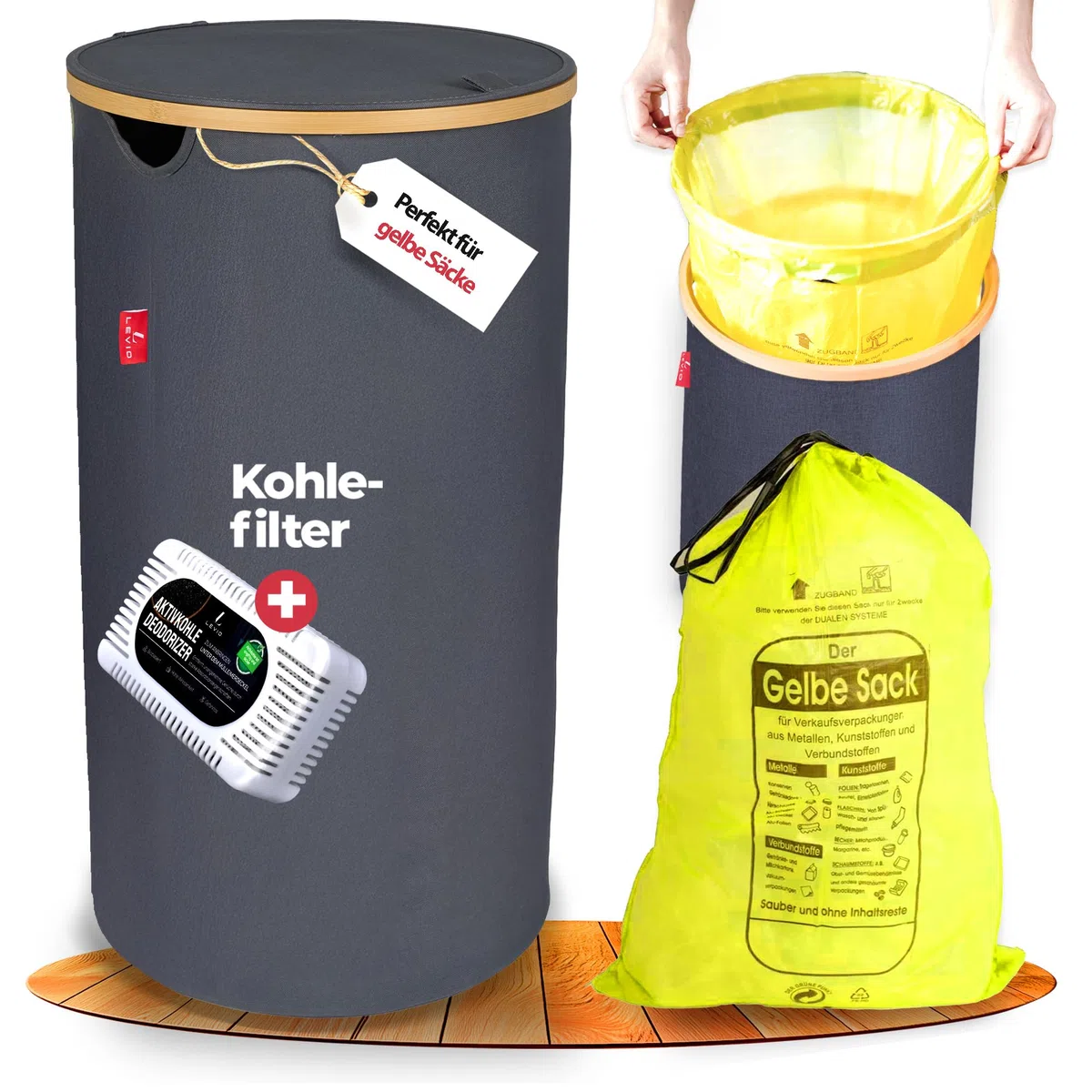 Levio® Gelber Sack Ständer mit Deckel – Müllsackhalter [80L mit Geruchsfilter] – Mülltonne Gelber Sack Indoor – Stabiler Müllsackständer – Mülleimer für Gelben Sack – Gelbe Säcke Behälter (Dunkelgrau)